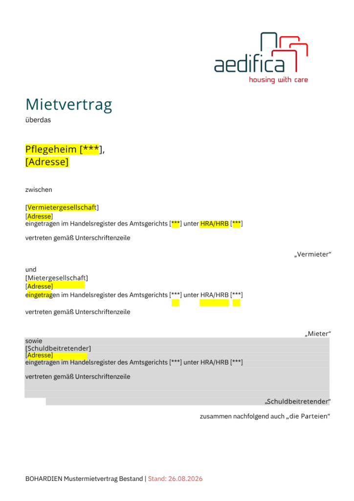 Page 1 of the rewritten Aedifica lease template.